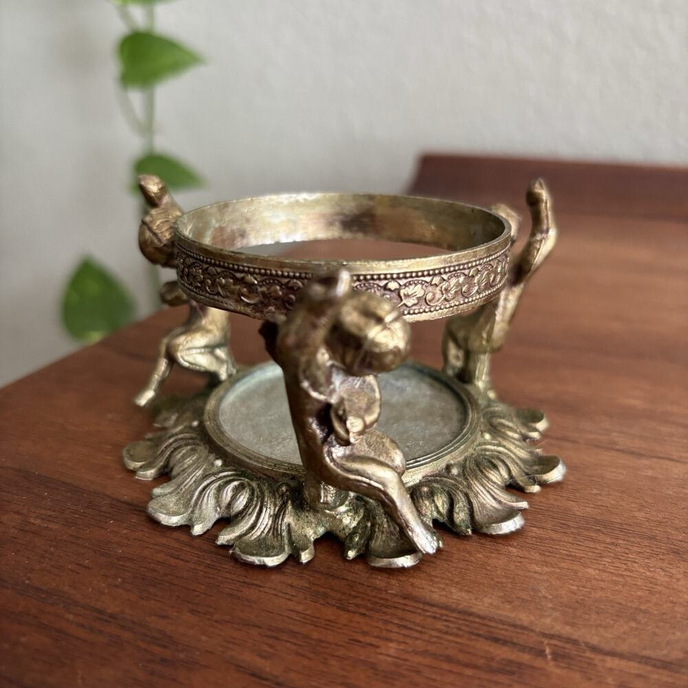 Vintage Brass Cherub Angel Pedestal Bowl Stand Hollywood Regency Style 2x3